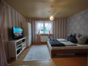 niewielka sypialnia z łóżkiem i telewizorem w obiekcie Ferienwohnung Orchidee Eckenhagen w mieście Reichshof 