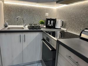 a kitchen with a sink and a stove top oven at Kavala Port Apartments in Kavála