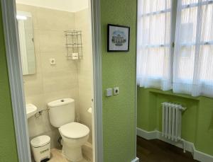 a bathroom with a toilet and a green wall at Hostal San Martin in Madrid