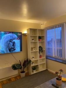 a living room with a flat screen tv on a wall at Luxury Apartment in Woolwich Arsenal in Woolwich