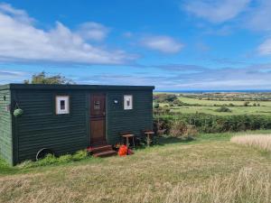 a green tiny house in the middle of a field at Stunning 1-Bed shepherd hut in Holyhead in Holyhead