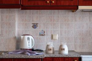 um balcão de cozinha com comodidades para preparar café no balcão em Erifili Luxury Apartment em Samos