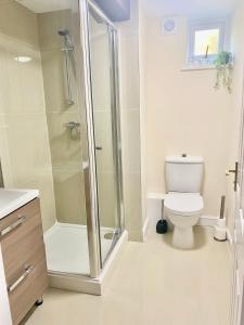 een badkamer met een douche en een toilet bij The Barn at Meadow Farm in Derby