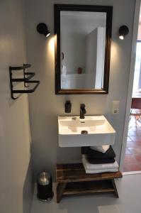 een badkamer met een witte wastafel en een spiegel bij B&B Sonnehuys in Nieuwland