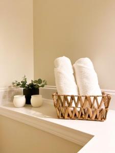 two baskets of towels and a plant on a counter at Lovely Townhouse! in Auburn