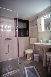 a bathroom with a shower and a toilet and a sink at Ariadni Luxury Apartment in Samos