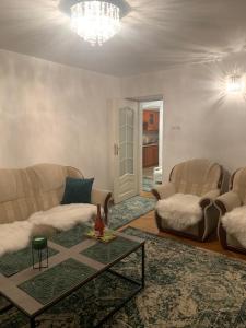 uma sala de estar com um sofá e uma mesa em Green Apartment em Koło
