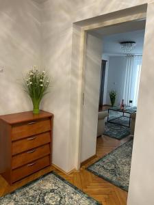 Cette chambre comprend une commode avec un vase de fleurs. dans l'établissement Green Apartment, à Koło