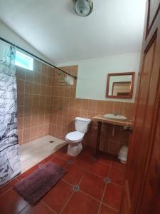 uma casa de banho com um WC, um chuveiro e um lavatório. em El Encanto Garden Hotel em Santa Cruz