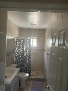 a bathroom with a toilet and a shower curtain at Home Sweet Home in Colton