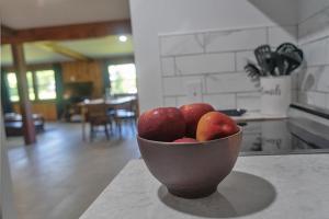 a bowl of apples sitting on a counter in a kitchen at Winter Specials on the Saint Lawrence in Ogdensburg