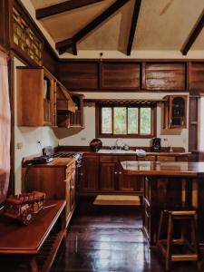uma grande cozinha com armários de madeira e um lavatório em Kinkajoungalows - Amaya Family, Drake Bay, Osa Peninsula em San Pedrillo
