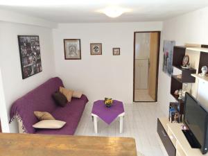 uma sala de estar com um sofá roxo e uma televisão em Apartments and rooms by the sea Stara Novalja, Pag - 11626 em Novalja