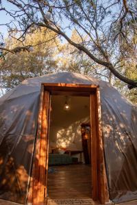 een deuropening naar een koepeltent in het bos bij Domo Cielos del Uritorco in Capilla del Monte