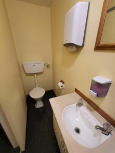 a bathroom with a white toilet and a sink at Possum Lodge in Manapouri