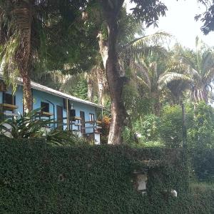 a blue house with a tree in front of it at A Pousada da Praia in São Luís