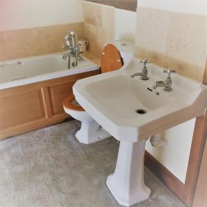 een badkamer met een wastafel, een toilet en een bad bij Meg's Cottage in Taunton