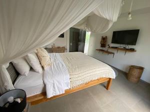 a bedroom with a bed with a canopy and a television at Villa Kalma Canggu in Canggu +12 photos