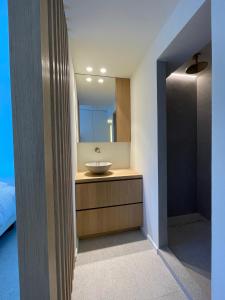 La salle de bains est pourvue d'un lavabo et d'un miroir. dans l'établissement Zeedijk Oostduinkerke frontaal zeezicht - volledig gerenoveerd 2022!, à Oostduinkerke