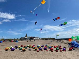 a group of people sitting on the beach flying kites at Coastal Joy - Room 5 in Newbiggin-by-the-Sea