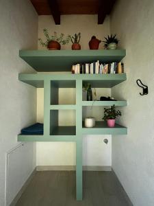 une étagère dans une pièce avec des livres et des plantes dans l'établissement B&B Cascina Bedria, à Ivrea