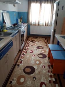 una cocina con alfombra en el suelo en Casa Cristian, en Câmpulung Moldovenesc