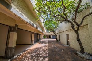 鹿港的住宿－麗景經典汽車旅館，建筑中间有树的空走廊