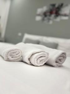 - une pile de serviettes assises au-dessus d'un lavabo dans l'établissement One Hundred Rooms, à Rome