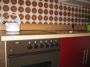 einen Küchenherd mit einem Wasserkocher darüber in der Unterkunft Haus Mühlgrund in Bad Wildbad