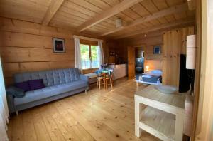 - un salon avec un canapé bleu dans une pièce en bois dans l'établissement Dom Numer 3, à Zakopane