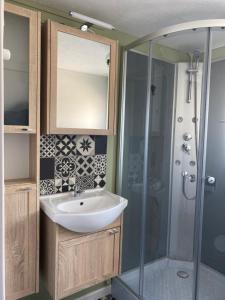 a bathroom with a sink and a shower at Petite maison, quartier calme. in Bourges