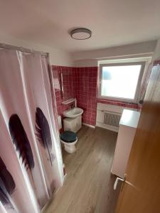 a bathroom with a toilet and a sink and a window at Ferienwohnung Elfengast, FassSauna, Harzurlaub in bester Lage in Bad Harzburg