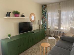 sala de estar con armario verde y TV de pantalla plana en Casa Rural Hestia, en Malón