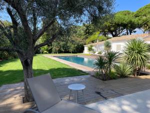 una piscina con una mesa y una silla junto a un árbol en Le Mas de la Dame, en Saint-Tropez