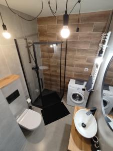 a bathroom with a shower and a toilet and a sink at N° 59 in Płock