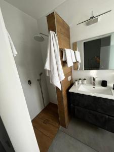 ein Bad mit einem Waschbecken und einem Spiegel in der Unterkunft נוף לחרמון in Kibbuz Dafna