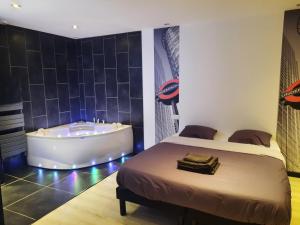 sypialnia z łóżkiem i wanną w obiekcie Appartement 90m2 design, jacuzzi, billard... w mieście Vitré