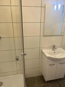 een badkamer met een wastafel en een spiegel bij Tatiana Feuker in Borgentreich