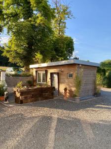 Cabaña de madera pequeña con porche y árbol en Die Pilgerbox, Tiny House trifft Urlaub en Dahlem