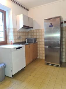uma cozinha com um frigorífico de aço inoxidável e armários de madeira em Luketovi em Kostanjevica na Krasu