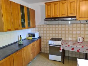 a kitchen with wooden cabinets and a counter top at Luketovi in Kostanjevica na Krasu