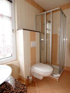 uma casa de banho com um chuveiro, um WC e um lavatório. em Hotel Grüner Baum em Genthin
