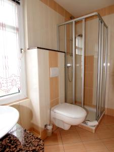 a bathroom with a shower and a toilet and a sink at Hotel Grüner Baum in Genthin