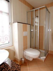 ein Badezimmer mit Dusche, Toilette und Waschbecken in der Unterkunft Hotel Grüner Baum in Genthin + 26 Fotos