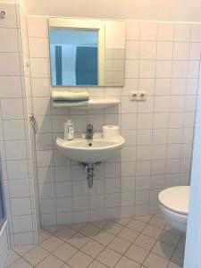a bathroom with a sink and a toilet at Ruhiges Zimmer nahe Therme & Kurpark in Bad Steben