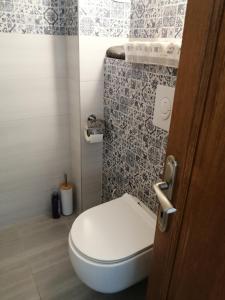 a small bathroom with a toilet and a shower at Lina in Gradac