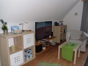 een woonkamer met een tv en een stoel bij Ferienwohnung Lachmöwe in Heringsdorf