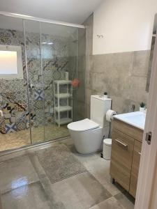 a bathroom with a shower and a toilet and a sink at Agradable adosado con zona de aparcamiento in Sedaví