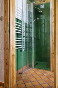 a bathroom with a shower with green tile at Kowalówka - Noclegi w Beskidzie Niskim in Męcina Wielka