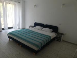 1 dormitorio con 1 cama grande y cabecero azul en Casa Prieteniei - camere - 3 km Piatra Neamț, en Piatra Neamţ